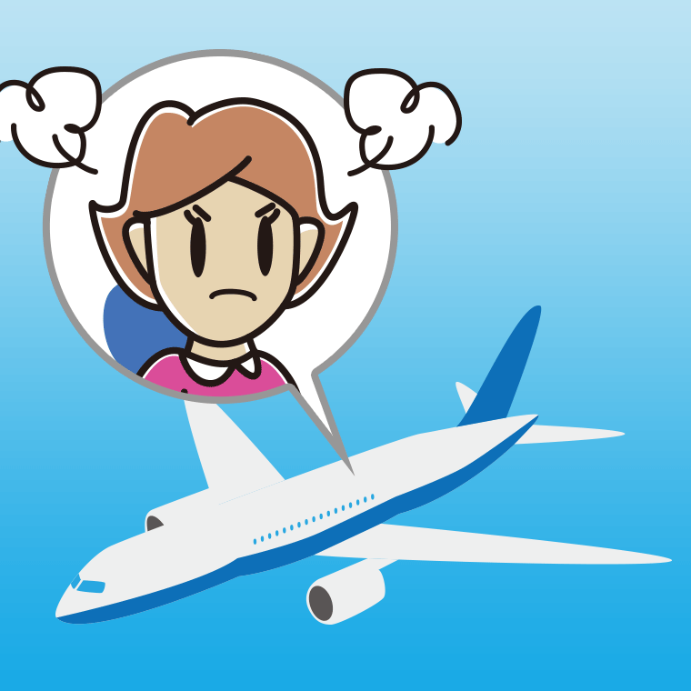 飛行機で怒る女性のイラスト【色、背景あり】PNG