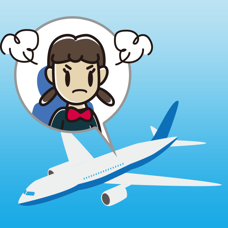 飛行機で怒る女子中学生のイラスト【色、背景あり】PNG