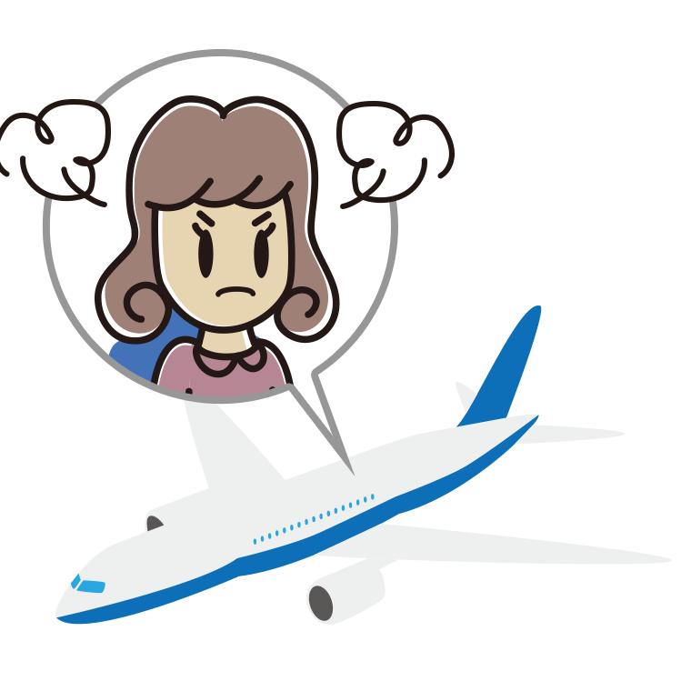飛行機で怒る女子大学生のイラスト【色あり、背景なし】透過PNG