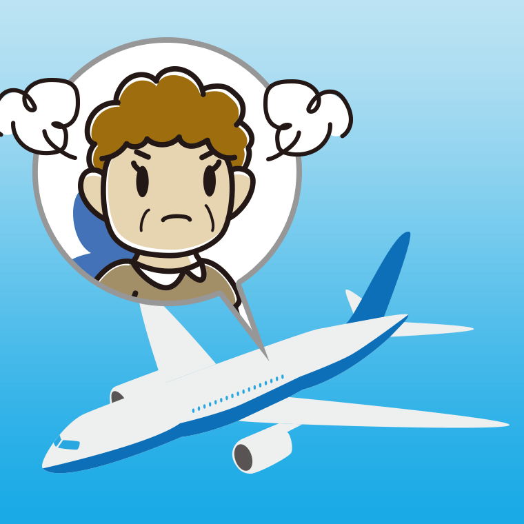 飛行機で怒るおばさんのイラスト【色、背景あり】PNG