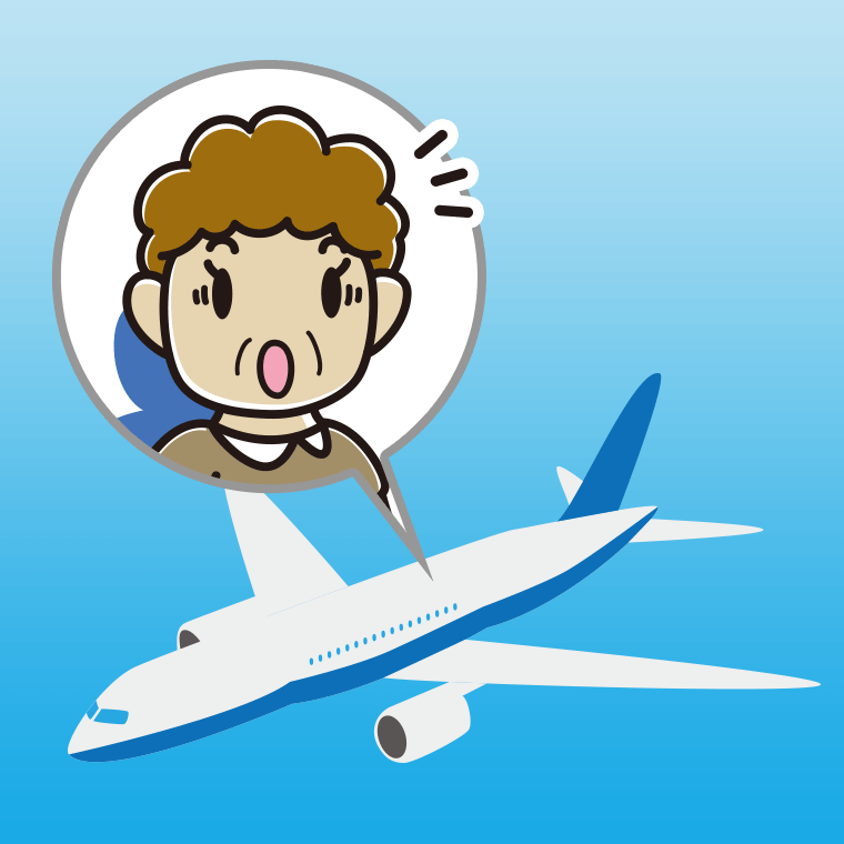 飛行機で驚くおばさんのイラスト【色、背景あり】PNG
