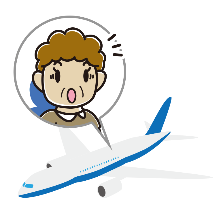 飛行機で驚くおばさんのイラスト【色あり、背景なし】透過PNG