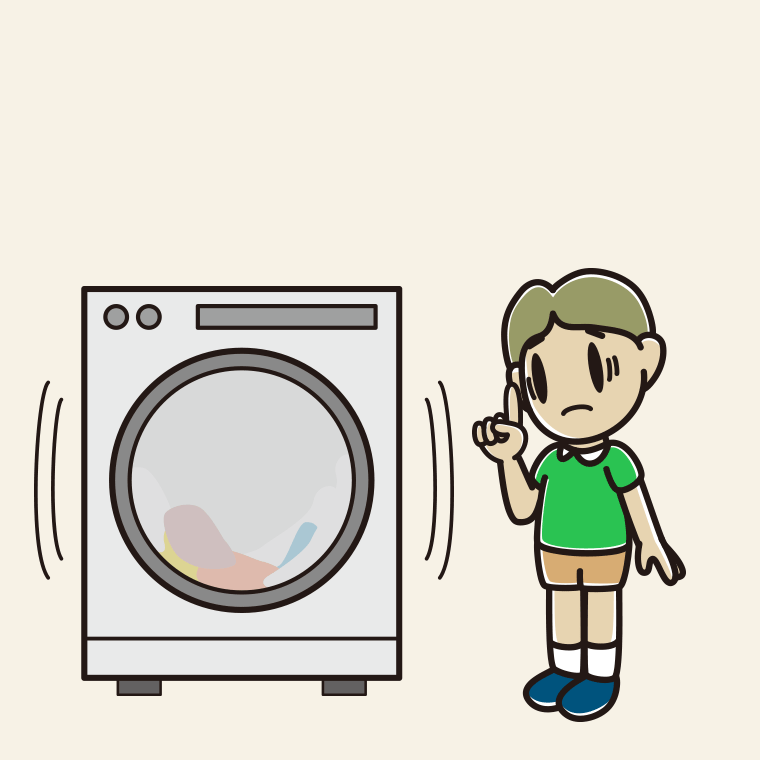 ドラム式洗濯機で困る小学生男子のイラスト【色、背景あり】PNG