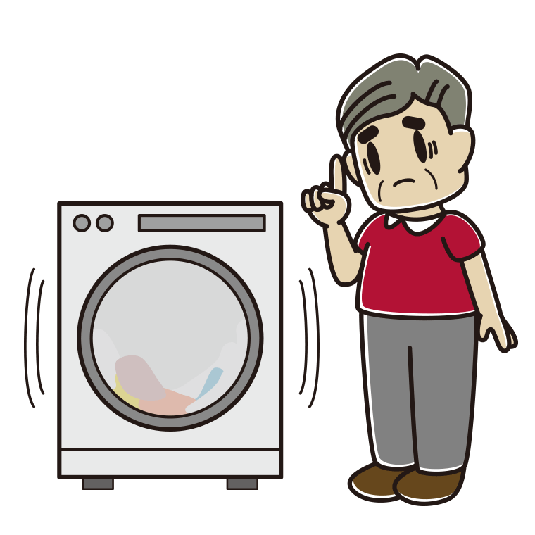 ドラム式洗濯機で困るおじさんのイラスト【色あり、背景なし】透過PNG
