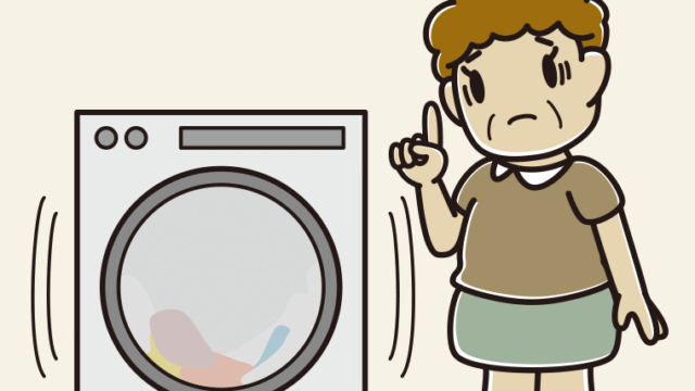 ドラム式洗濯機で困るおばさんのイラスト【色、背景あり】PNG