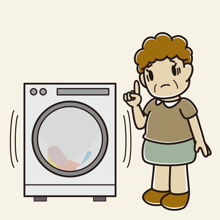 ドラム式洗濯機で困るおばさんのイラスト【色、背景あり】PNG