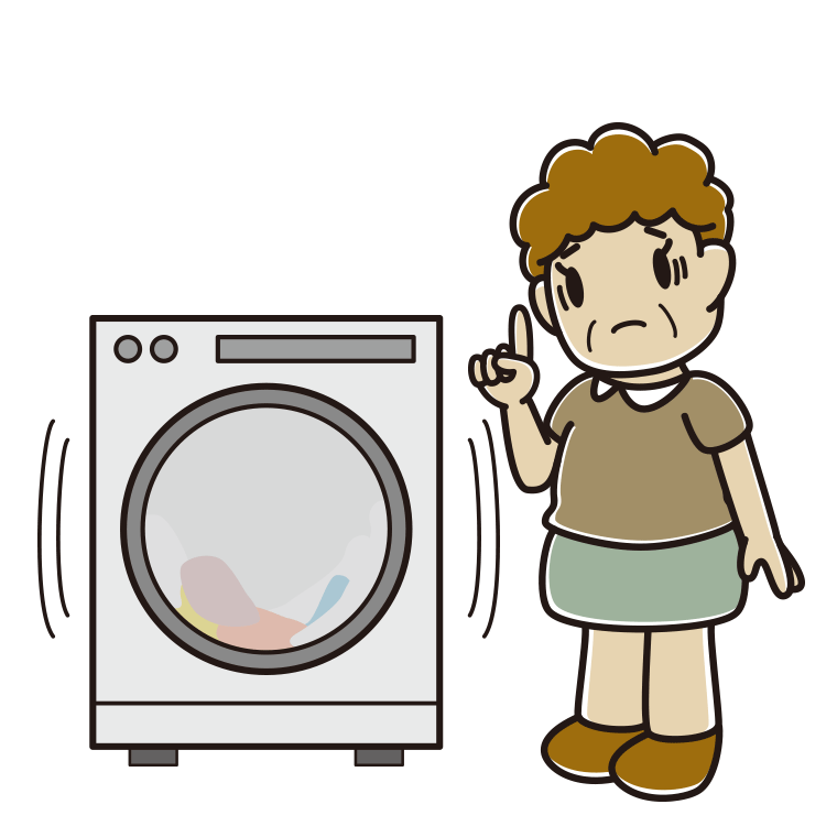 ドラム式洗濯機で困るおばさんのイラスト【色あり、背景なし】透過PNG