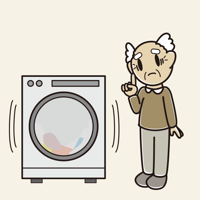 ドラム式洗濯機で困るおじいさんのイラスト【色、背景あり】PNG