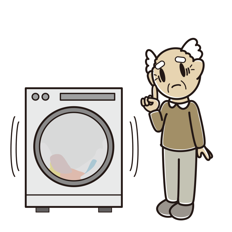 ドラム式洗濯機で困るおじいさんのイラスト【色あり、背景なし】透過PNG