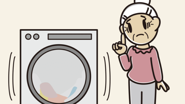 ドラム式洗濯機で困るおばあさんのイラスト【色、背景あり】PNG