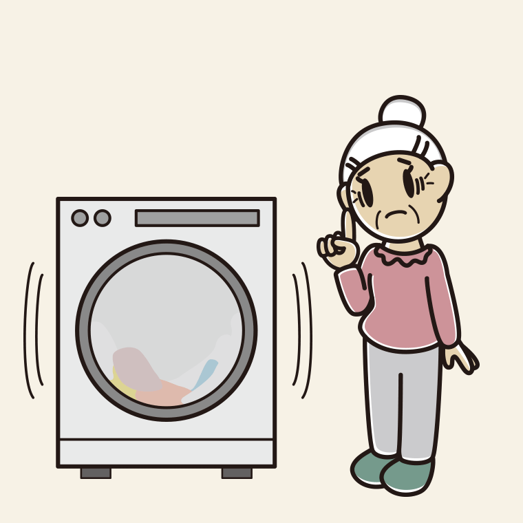 ドラム式洗濯機で困るおばあさんのイラスト【色、背景あり】PNG