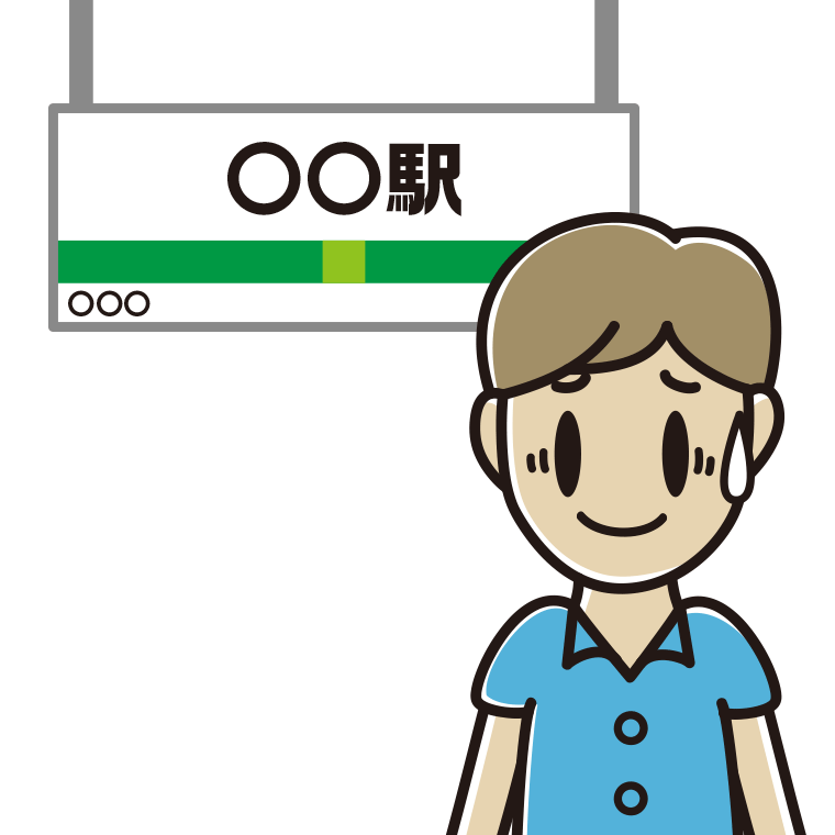 駅のホームで苦笑いする男性会社員（クールビズ）のイラスト【色あり、背景なし】透過PNG