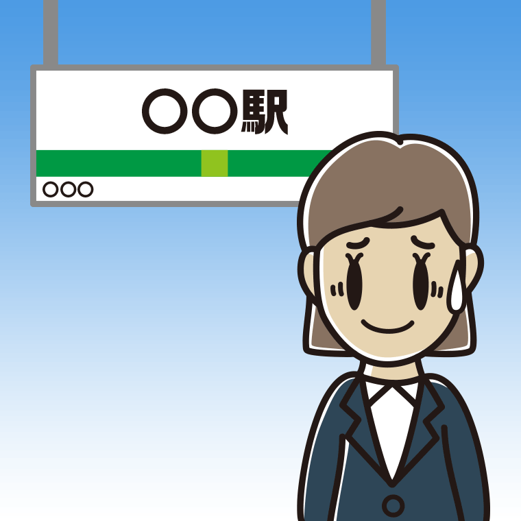 駅のホームで苦笑いする女性会社員のイラスト【色、背景あり】PNG