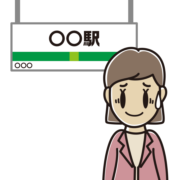 駅のホームで苦笑いする女性会社員（カジュアル）のイラスト【色あり、背景なし】透過PNG