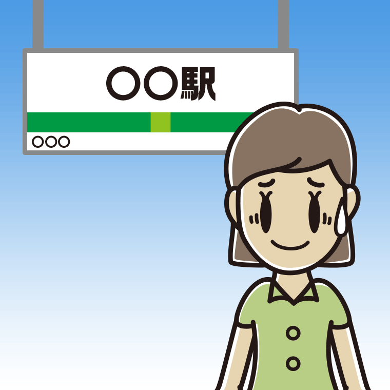 駅のホームで苦笑いする女性会社員（クールビズ）のイラスト【色、背景あり】PNG
