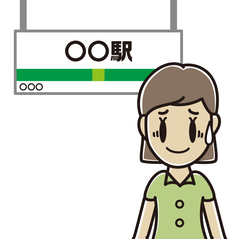 駅のホームで苦笑いする女性会社員（クールビズ）のイラスト【色あり、背景なし】透過PNG