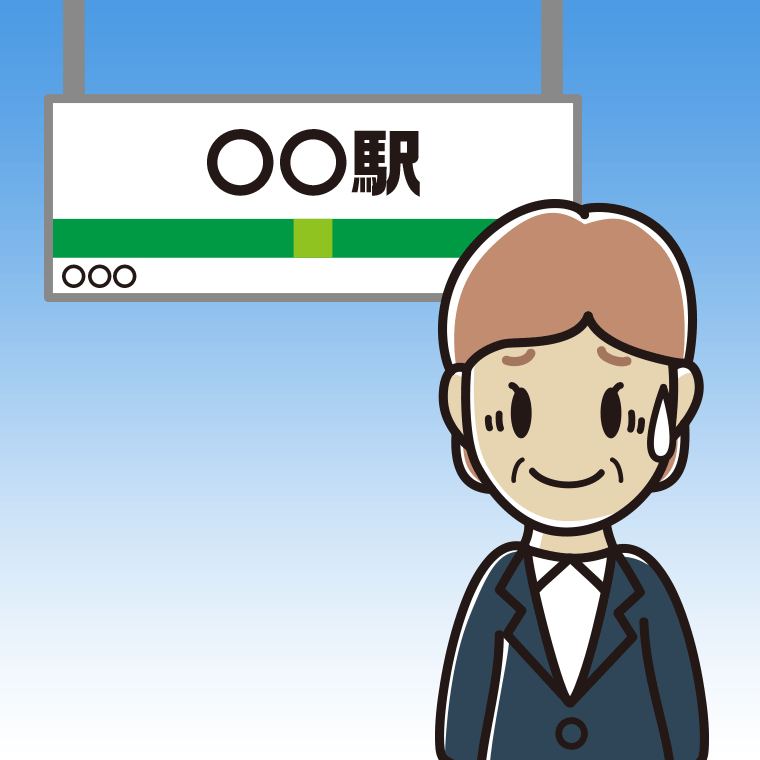 駅のホームで苦笑いする年配女性会社員のイラスト【色、背景あり】PNG