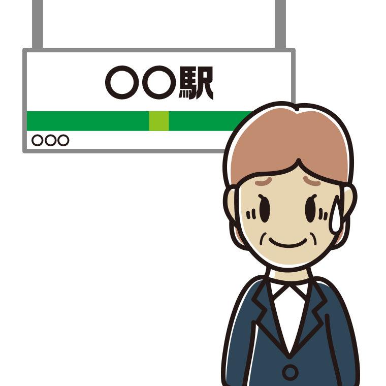 駅のホームで苦笑いする年配女性会社員のイラスト【色あり、背景なし】透過PNG