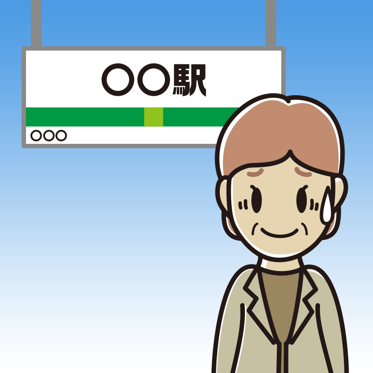 駅のホームで苦笑いする年配女性会社員（カジュアル）のイラスト【色、背景あり】PNG