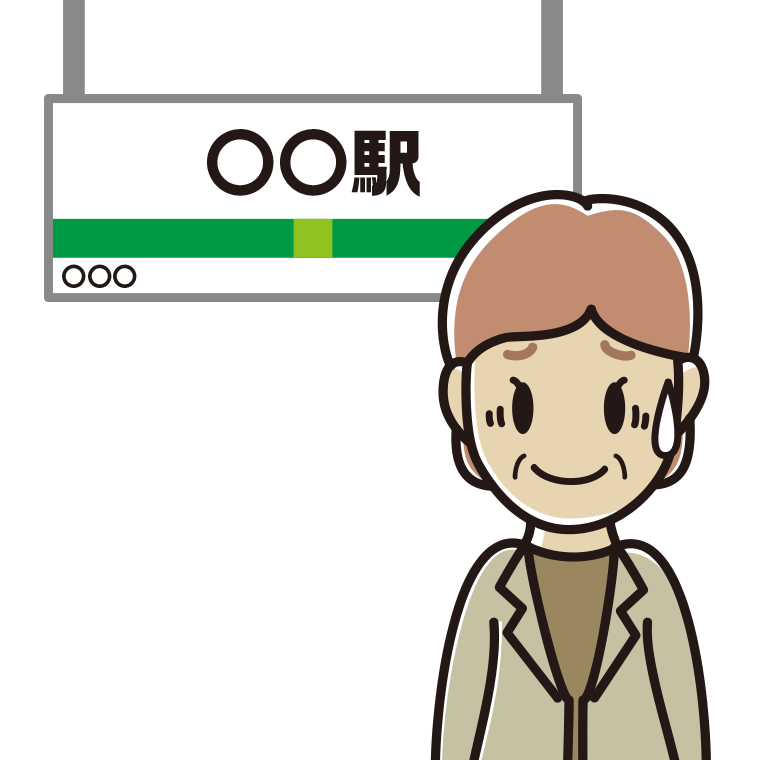 駅のホームで苦笑いする年配女性会社員（カジュアル）のイラスト【色あり、背景なし】透過PNG