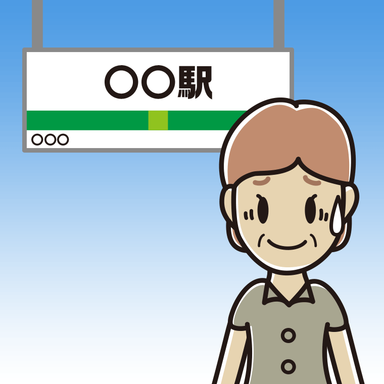 駅のホームで苦笑いする年配女性会社員（クールビズ）のイラスト【色、背景あり】PNG