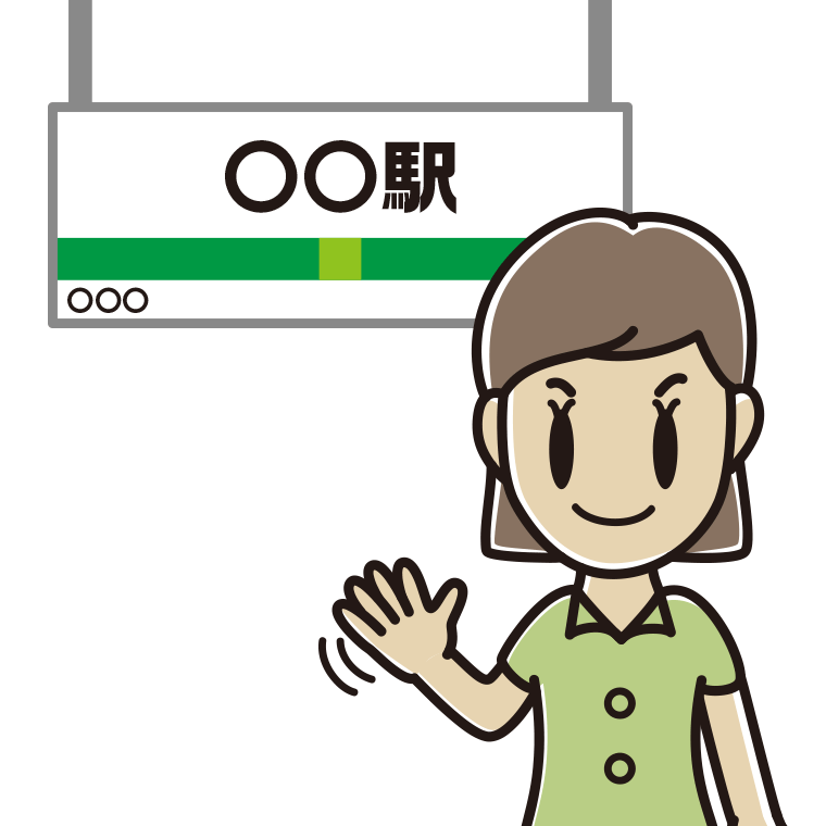 駅のホームで手を振る女性会社員（クールビズ）のイラスト【色あり、背景なし】透過PNG