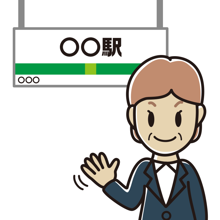 駅のホームで手を振る年配女性会社員のイラスト【色あり、背景なし】透過PNG