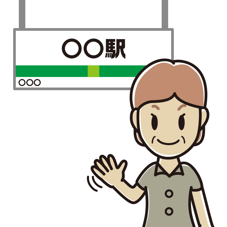 駅のホームで手を振る年配女性会社員（クールビズ）のイラスト【色あり、背景なし】透過PNG