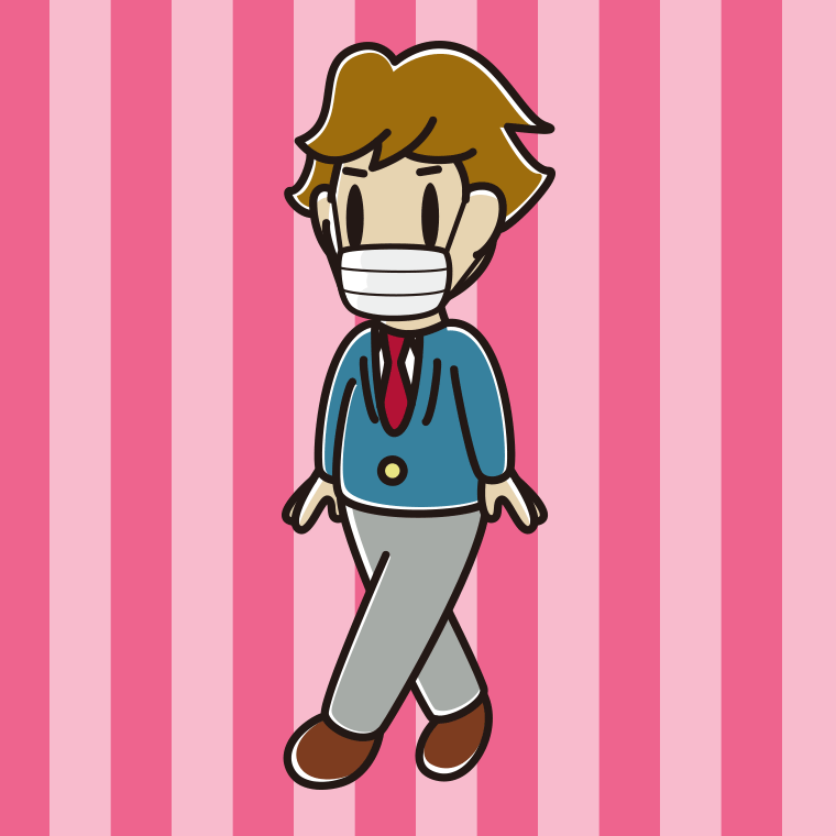 マスクをして歩く男子高校生のイラスト【色、背景あり】PNG