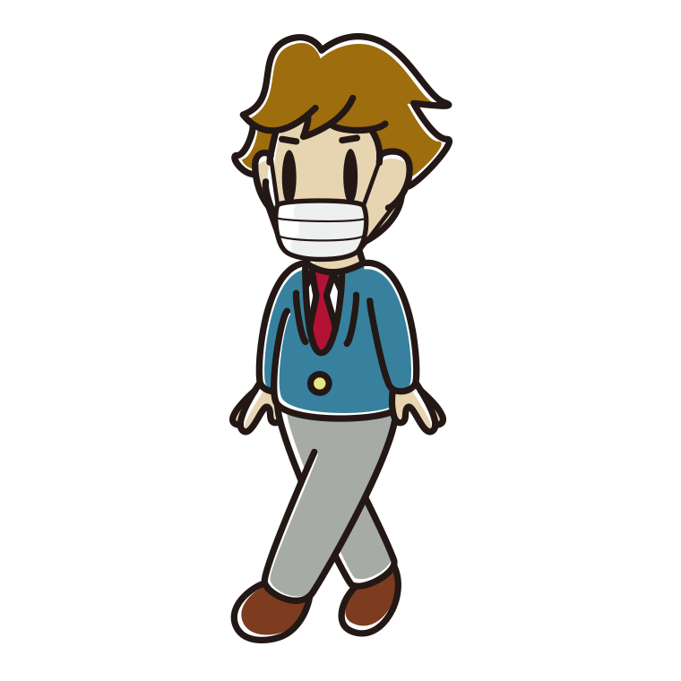 マスクをして歩く男子高校生のイラスト【色あり、背景なし】透過PNG