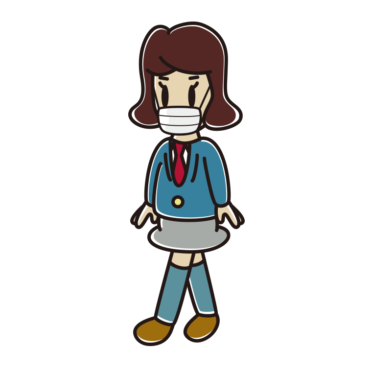 マスクをして歩く女子高校生のイラスト【色あり、背景なし】透過PNG