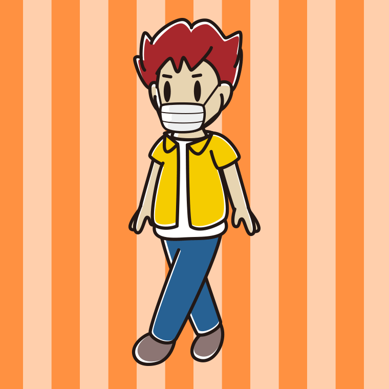 マスクをして歩く男子大学生のイラスト【色、背景あり】PNG
