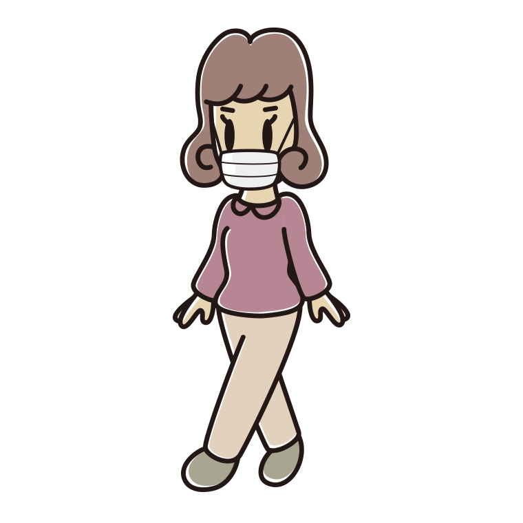 マスクをして歩く女子大学生のイラスト【色あり、背景なし】透過PNG
