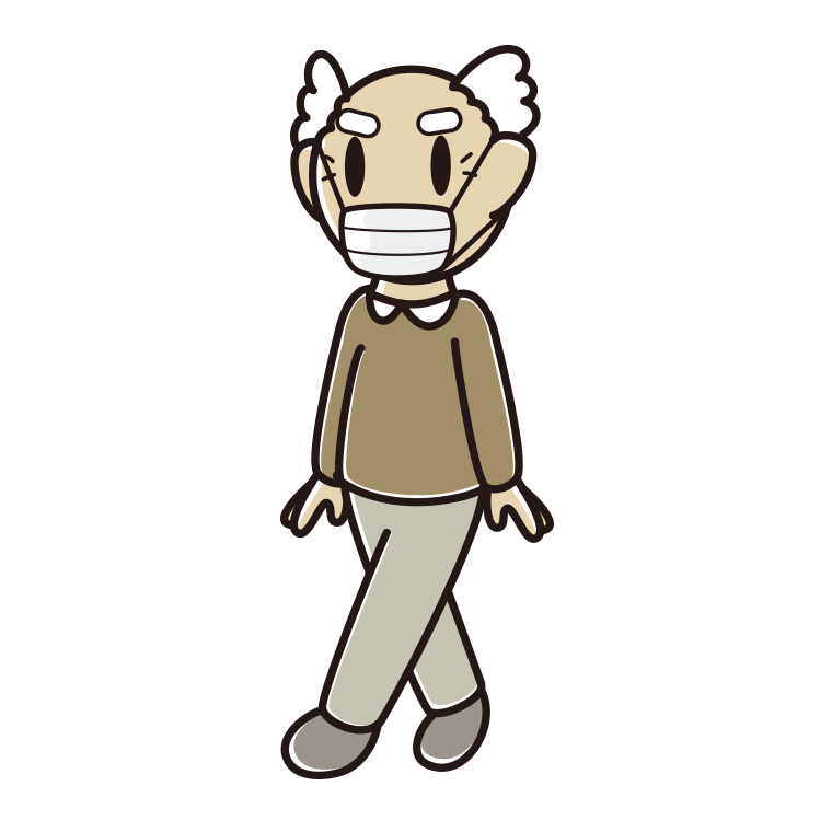 マスクをして歩くおじいさんのイラスト【色あり、背景なし】透過PNG