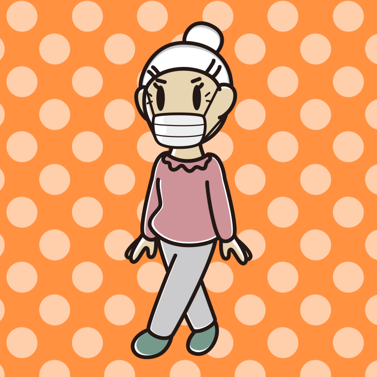 マスクをして歩くおばあさんのイラスト【色、背景あり】PNG