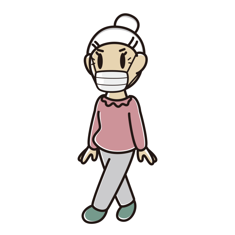 マスクをして歩くおばあさんのイラスト【色あり、背景なし】透過PNG