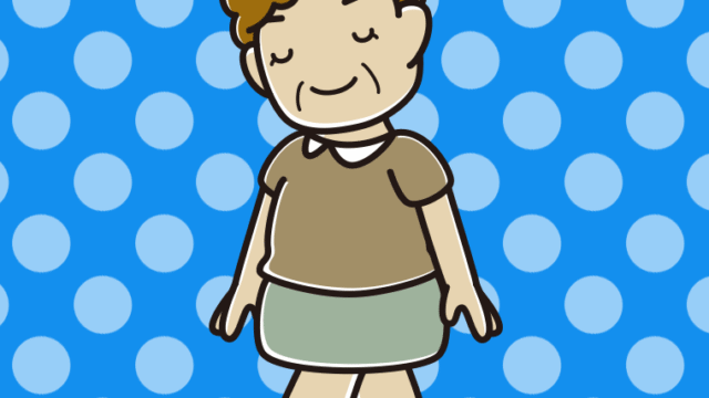 歩きながらお辞儀するおばさんのイラスト【色、背景あり】PNG