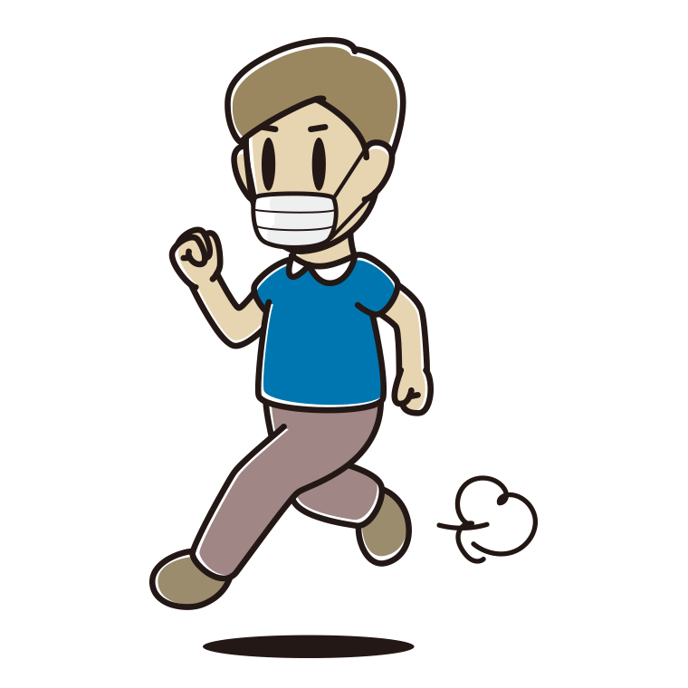 マスクをして走る男性のイラスト【色あり、背景なし】透過PNG