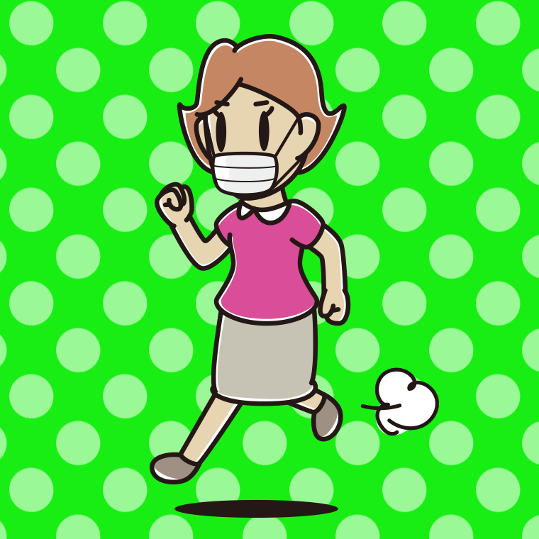 マスクをして走る女性のイラスト【色、背景あり】PNG