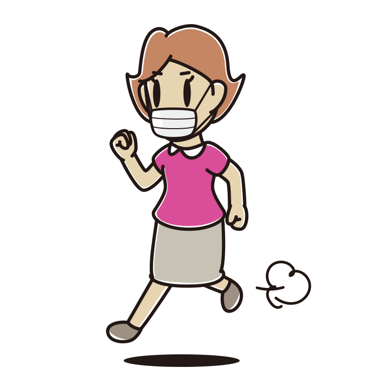 マスクをして走る女性のイラスト【色あり、背景なし】透過PNG