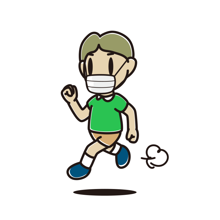 マスクをして走る小学生男子のイラスト【色あり、背景なし】透過PNG