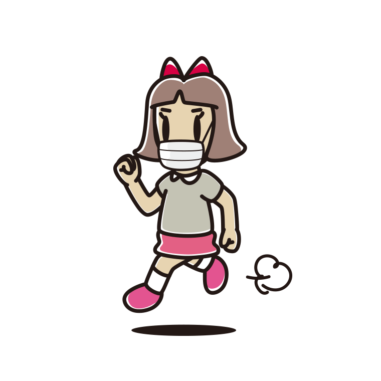 マスクをして走る小学生女子のイラスト【色あり、背景なし】透過PNG