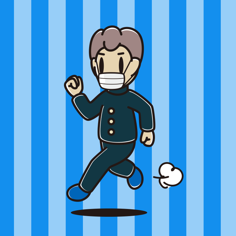 マスクをして走る男子中学生のイラスト【色、背景あり】PNG