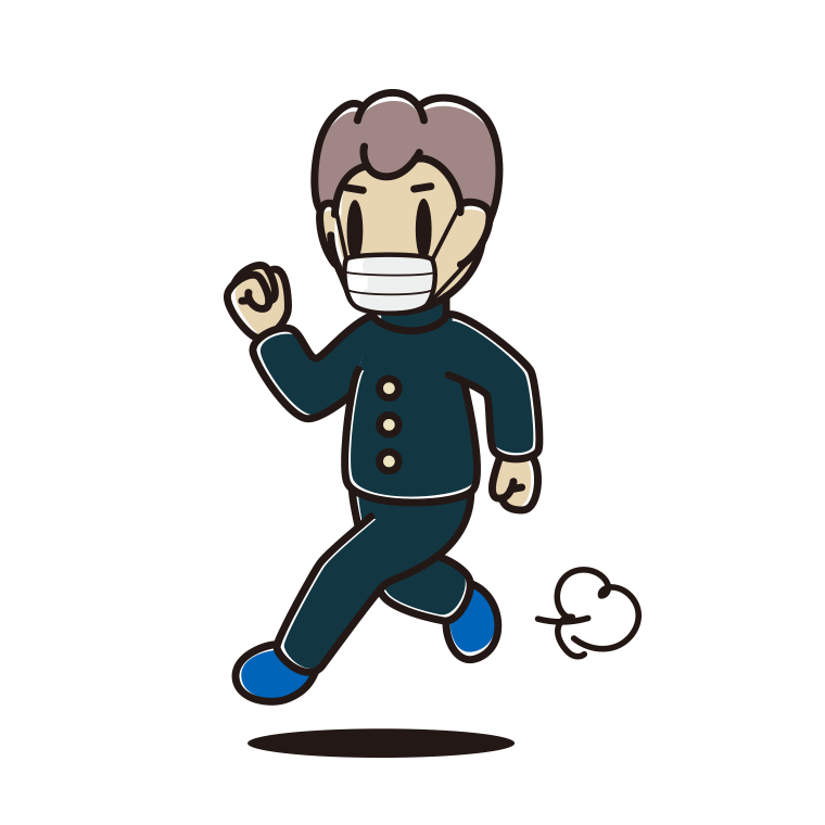 マスクをして走る男子中学生のイラスト【色あり、背景なし】透過PNG