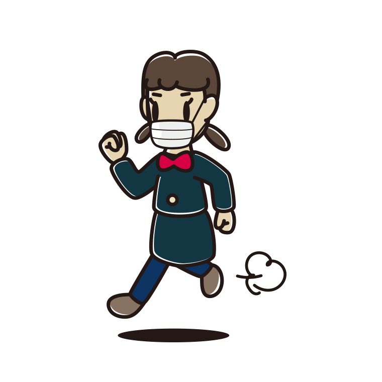 マスクをして走る女子中学生のイラスト【色あり、背景なし】透過PNG
