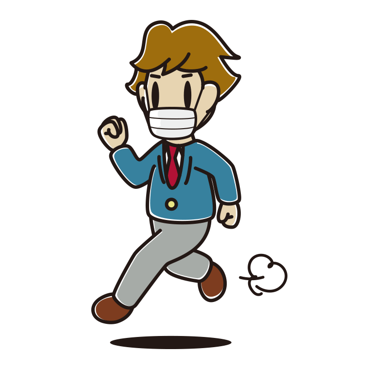 マスクをして走る男子高校生のイラスト【色あり、背景なし】透過PNG