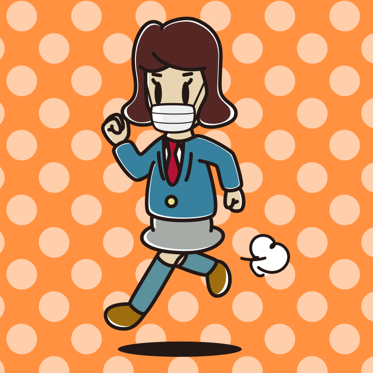 マスクをして走る女子高校生のイラスト【色、背景あり】PNG