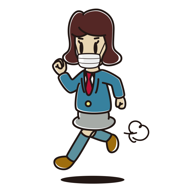 マスクをして走る女子高校生のイラスト【色あり、背景なし】透過PNG