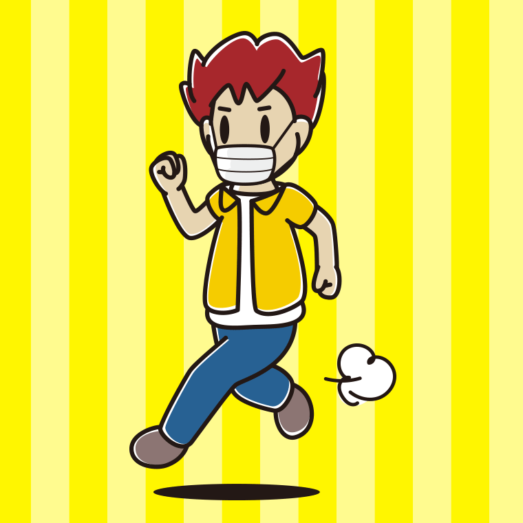 マスクをして走る男子大学生のイラスト【色、背景あり】PNG