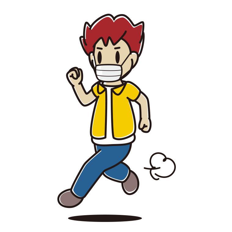 マスクをして走る男子大学生のイラスト【色あり、背景なし】透過PNG